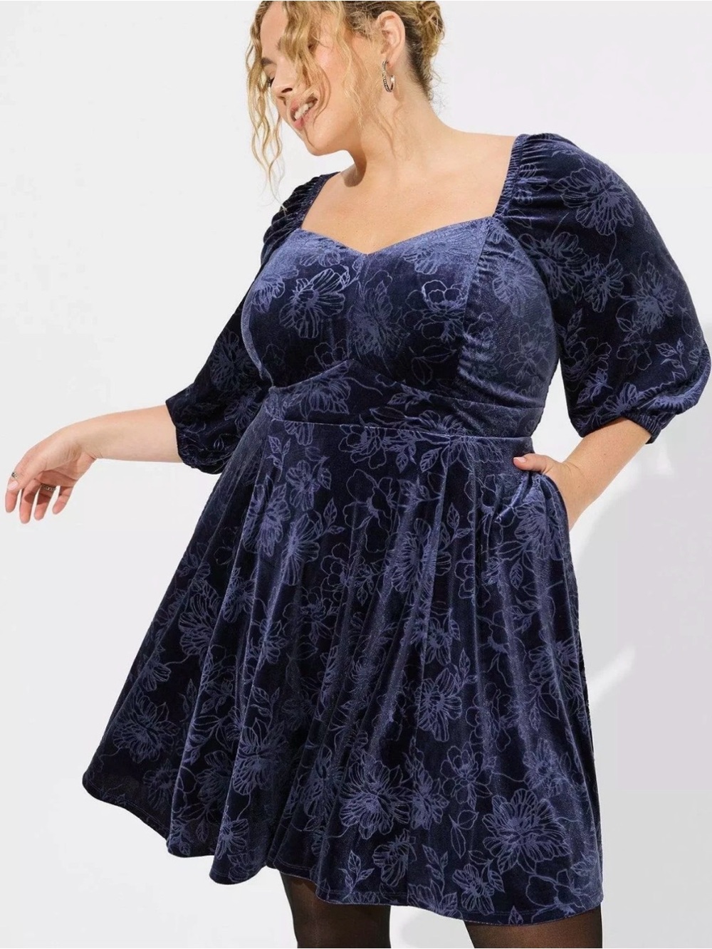 Torrid Velvet Dress Size 0 Large Blue Floral Embossed Sweetheart Puff Sleeve